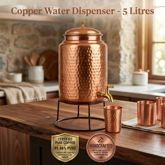 Ayurvedic Hammered Pure Copper Water Dispenser 5 Litres – With Stand + Brass Tap