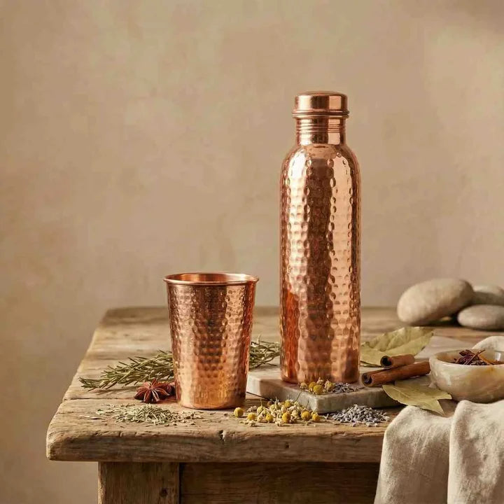 Ayurvedic Copper Ritual Set -  100% Pure Copper Bottle + 2 Hammered Cups