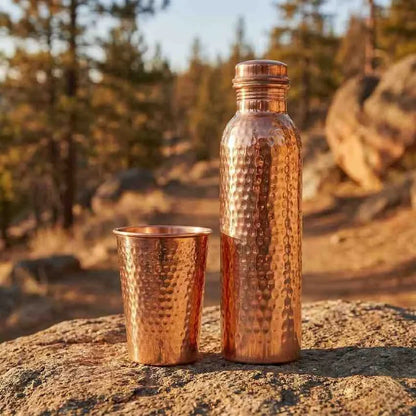 Ayurvedic Copper Ritual Set -  100% Pure Copper Bottle + 2 Hammered Cups