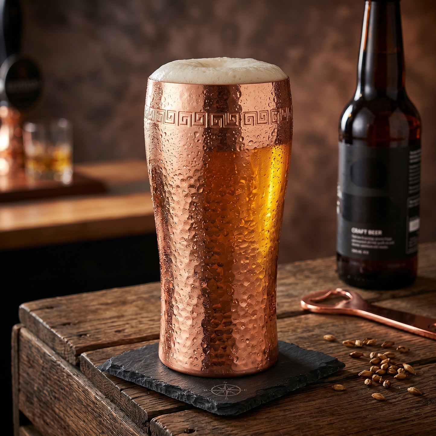 Copper beer glass with beer on a wooden table 