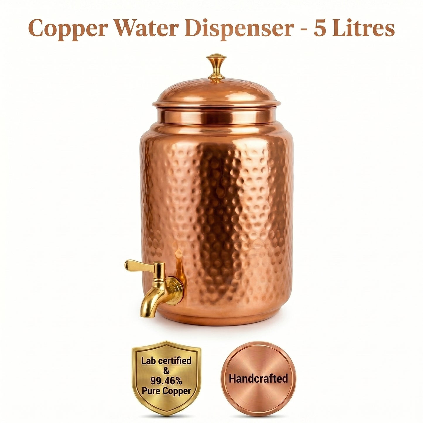Ayurvedic Hammered Copper Water Dispenser 5 Litres – 100% Pure Copper with Brass Tap