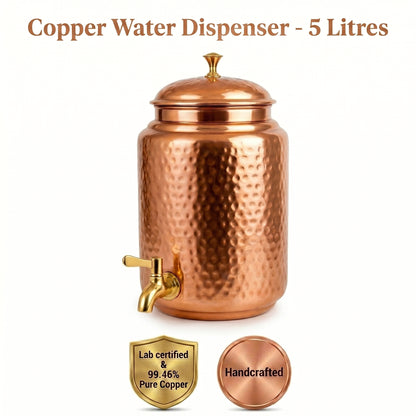 Ayurvedic Hammered Copper Water Dispenser 5 Litres – 100% Pure Copper with Brass Tap