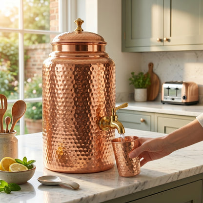 Ayurvedic Hammered Copper Water Dispenser 5 Litres – 100% Pure Copper with Brass Tap