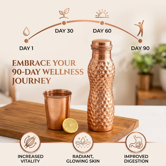 Copper water bottle and cup on a wooden board with wellness journey 
