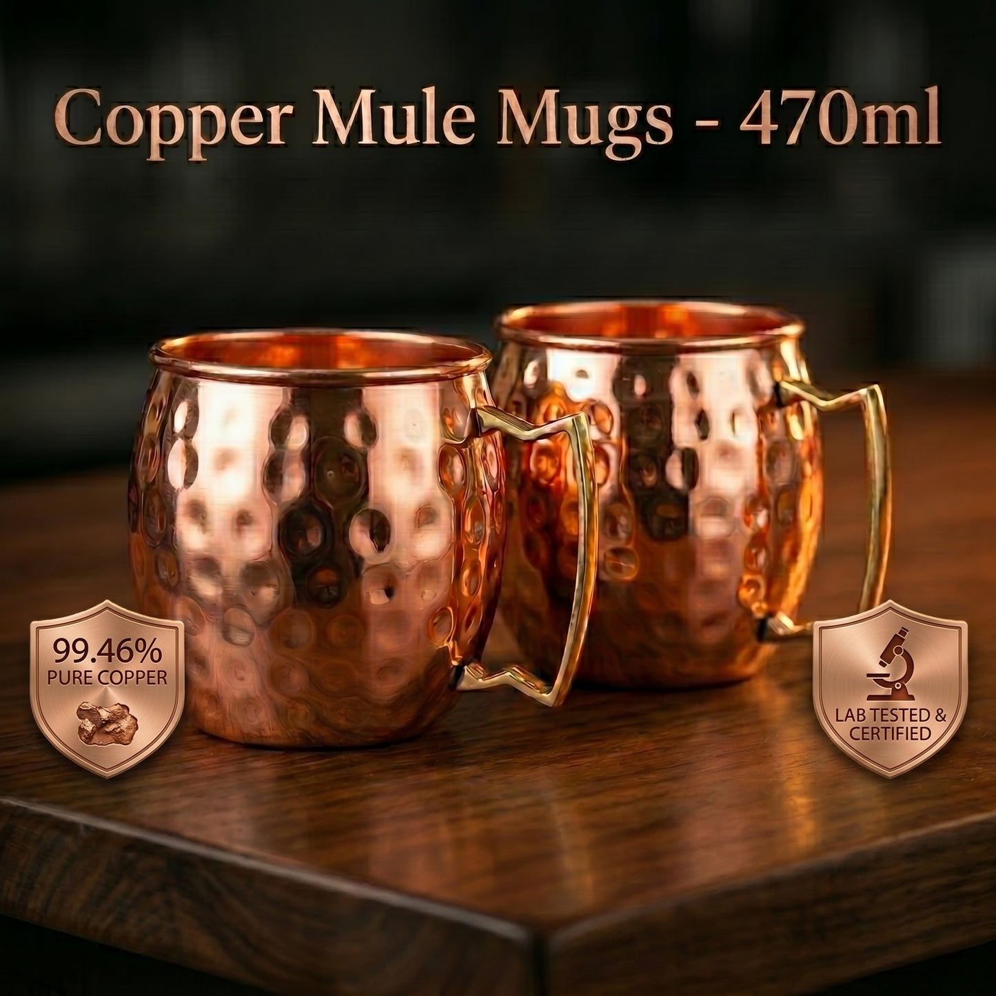 Ayurvedic Copper Moscow Mule Mugs 470ml (Set of 2)- 100% Pure Copper