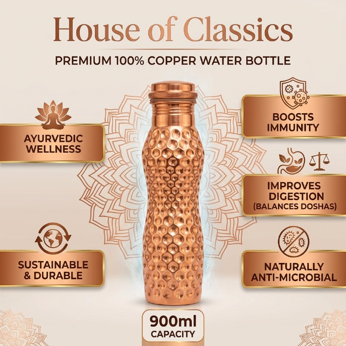 Ayurvedic Curved 100% Pure Copper Bottle 900ml- Better Digestion & Gut Health (Get ebook Worth £20.99 FREE)