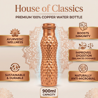 Ayurvedic Curved 100% Pure Copper Bottle 900ml- Better Digestion & Gut Health (Get ebook Worth £20.99 FREE)